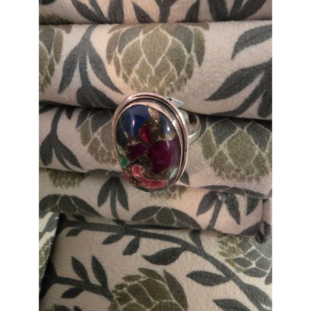 Sterling Silver 925 Multi Color Mosaic Stone Oval Cabochon Statement Ring Size 6